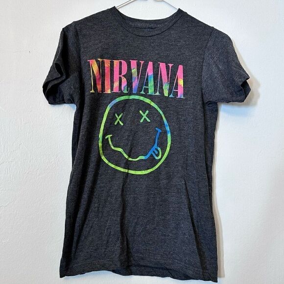 Nirvana Men's Shirt Smiley Face Logo Gray Short Sleeve Regular Fit Small - Picture 1 of 3